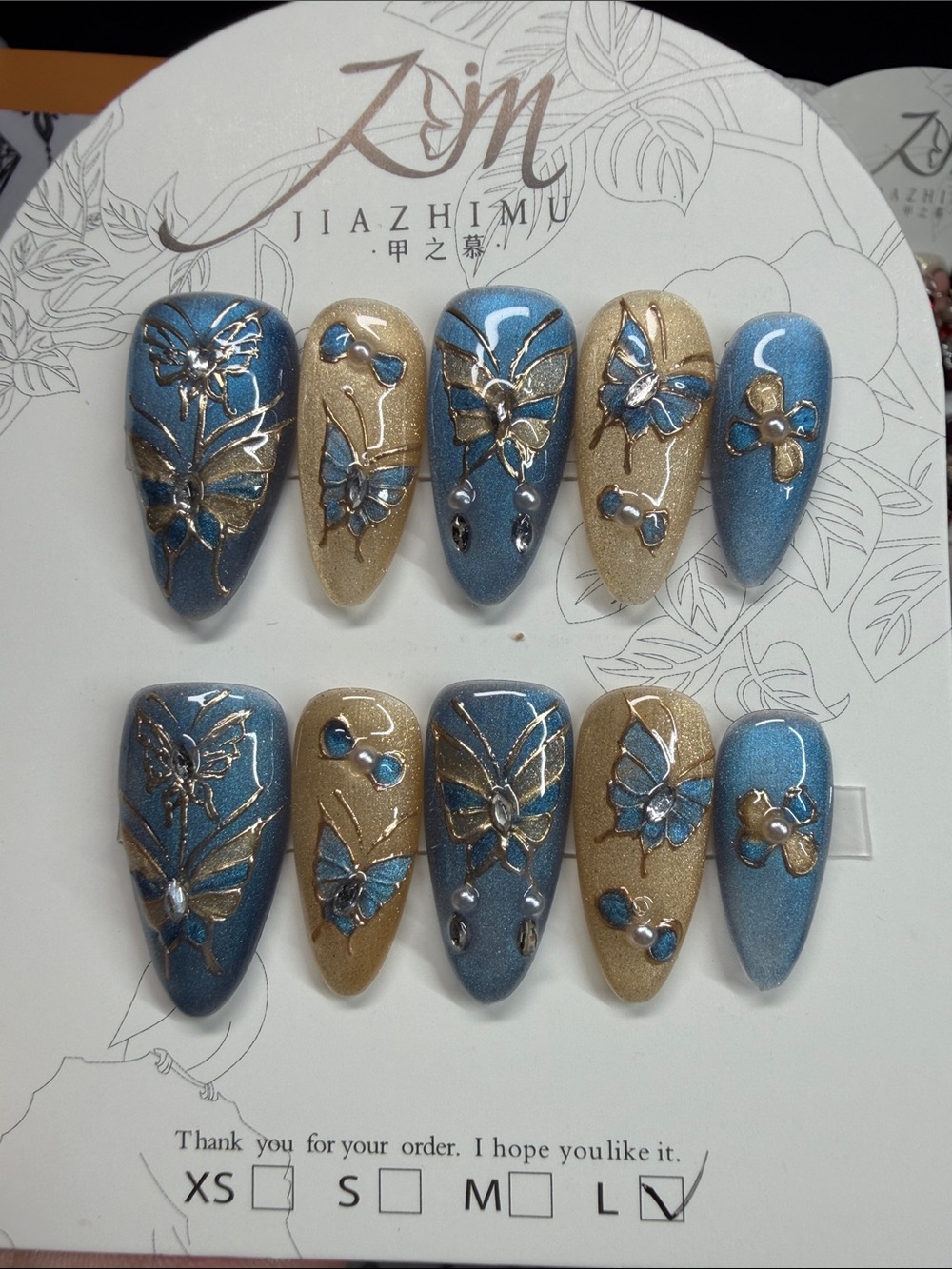 Jiazhimu Blue & Gold Butterfly Press-On Nail Set